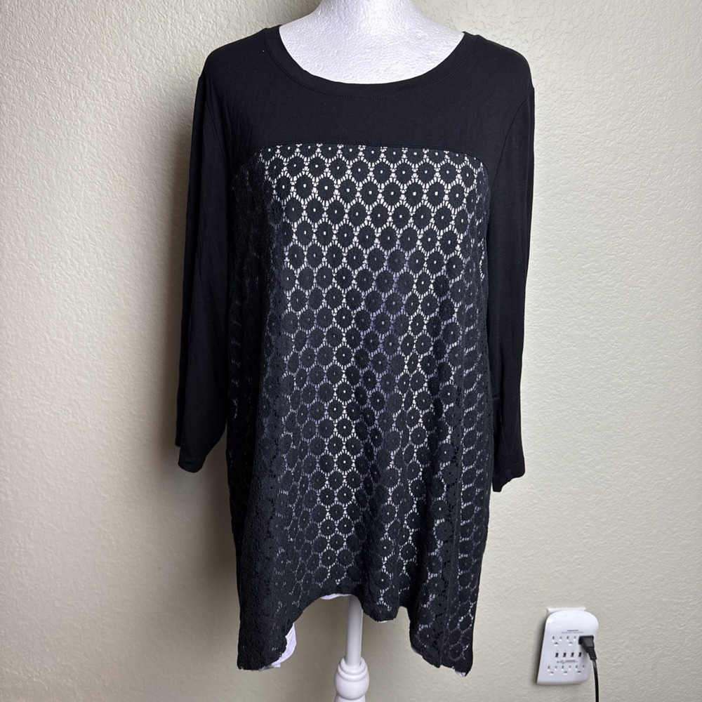 Chicos Collection Shirt 2 L Womens Black Crochet Eyelet Panel Crewneck Tunic‎
